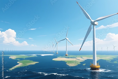 Panoramic view of offshore wind turbines stretching across the sea, representing global clean energy efforts