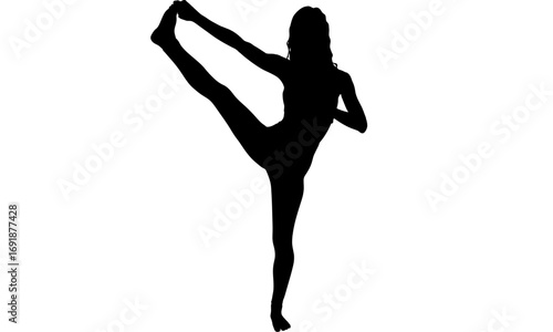 Silhouette of a woman performing a challenging balancing yoga pose, extending one leg upwards while standing on the other, showcasing flexibility and strength.