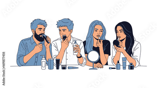 Diverse group of young adults applying makeup and grooming themselves with beauty products in a modern stylized illustration