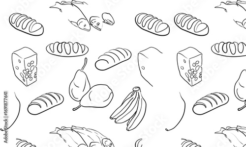 A black and white seamless pattern of hand-drawn food items including bread, cheese, bananas, and pears on a white background.