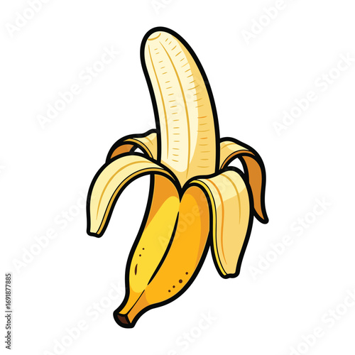 Peeled yellow banana with open peel and brown spots illustration fruit food