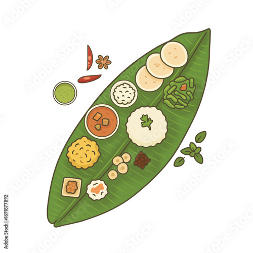 Sadhya Served on Banana Leaf Illustration