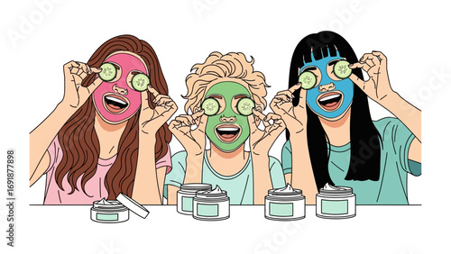 Three diverse young women with colorful face masks and cucumber slices on eyes enjoying a fun spa day at home together