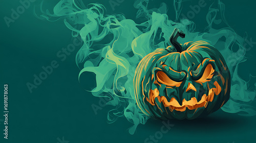 Spooky carved pumpkin with glowing face and green smoke on a dark background
