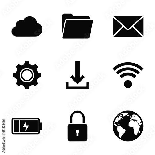 Nine black digital icons arranged in a three by three grid on a white background cloud icon folder icon