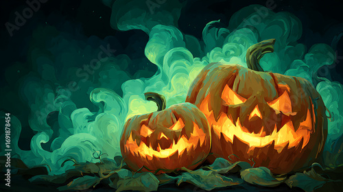 Two glowing jack-o'-lanterns sit amidst swirling green smoke, creating a spooky Halloween atmosphere