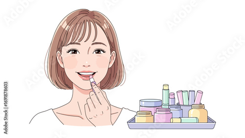 Young woman with short brown hair applying lip balm or lipstick with a finger next to a tray of assorted skincare and makeup products