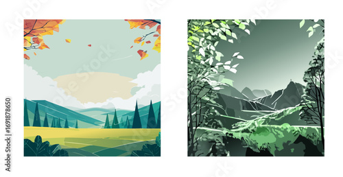 Autumnal Meadow & Monochromatic Mountain Range:  Stylized Landscape Diptych