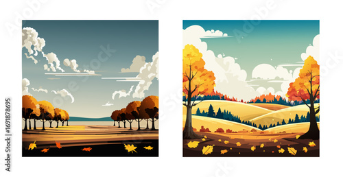 Autumnal Landscapes: Two Vector Illustrations of Rolling Hills and Golden Trees