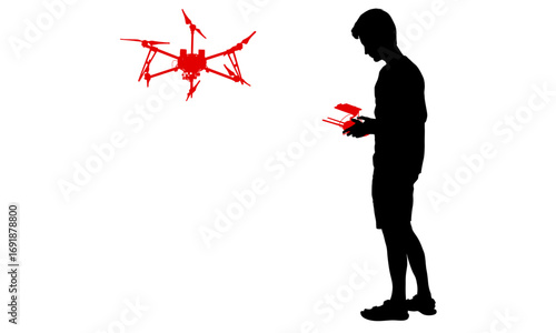 Silhouette of a person operating a red, abstract drone against a white background, highlighting modern technology and leisure.