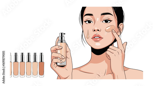 Close up of a young woman applying liquid foundation to her face with a pump bottle and several foundation shades in the background