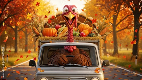 Whimsical Thanksgiving Turkey Driving Through Autumn Leaves With Pumpkin Harvest