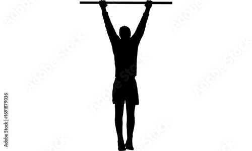 Silhouette of a person hanging from a bar, arms extended, legs dangling, against a white background.