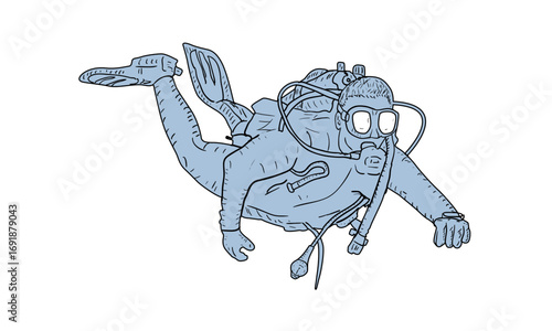 Illustration of a scuba diver with full gear swimming underwater.