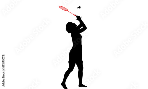 Silhouette of a female badminton player in action, serving or smashing the shuttlecock with her racket against a white background.