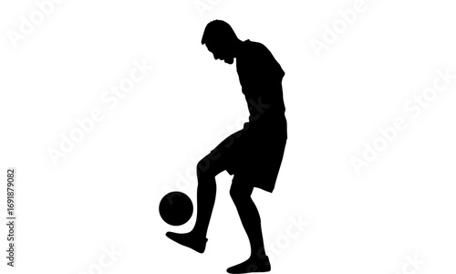 Silhouette of a soccer player skillfully juggling a ball with their foot against a white background.