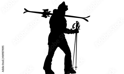 Silhouette of a person carrying skis and poles, likely heading to the slopes for skiing.