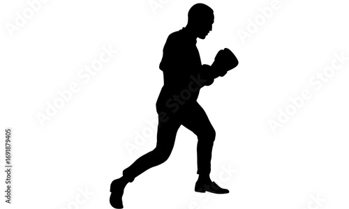 A black silhouette of a man in a classic boxing stance, wearing gloves and ready to fight on a white background.