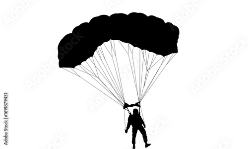 A silhouette of a skydiver descending with a large black parachute against a white background.