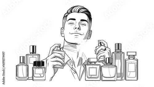 Stylish man with eyes closed enjoying the scent of a collection of elegant perfume bottles arranged around him in a sophisticated illustration