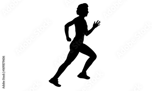 Silhouette of a person running, captured in a dynamic pose against a white background, emphasizing movement and athleticism.