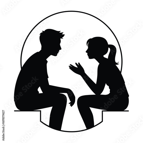 Black silhouette of a man and woman sitting and talking inside a circle vector