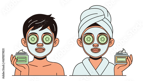 Diverse couple enjoying a relaxing at home spa treatment together with facial masks and cucumber slices for a refreshing skincare routine