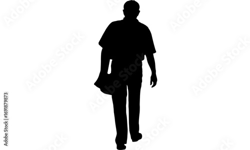 A black silhouette of a man seen from behind, walking away while holding a hat in his hand against a plain white background.