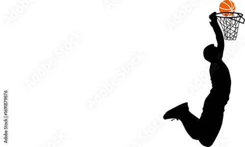 Silhouette of a basketball player performing a slam dunk with the ball going through the hoop.