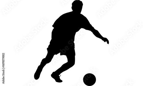 Dynamic silhouette of a soccer player actively dribbling a football across a white background, showcasing athletic movement and skill.