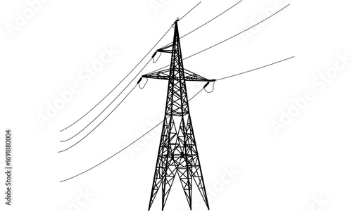 Black and white illustration of a tall electricity pylon with power lines extending across the frame.