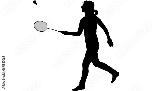 Black silhouette of a female badminton player with a ponytail, holding a racket and hitting a shuttlecock.
