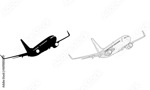 A silhouette and a line drawing of a commercial airplane in mid-flight, showcasing its aerodynamic design.