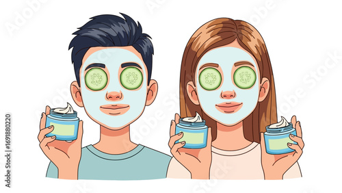 A young couple enjoying a relaxing at home spa treatment with cucumber slices on their eyes and face masks