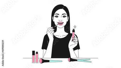 Young woman applying lipstick and makeup with brushes and cosmetic products in a clean minimalist illustration style for beauty and fashion content