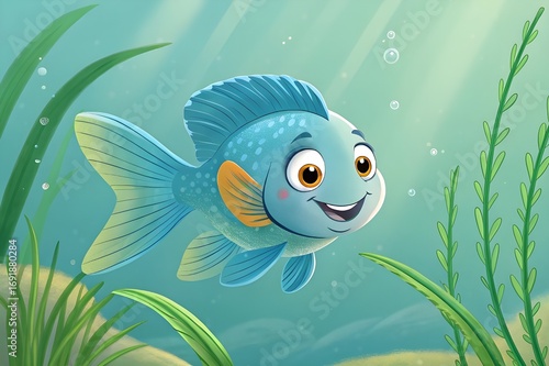 Cartoon blue fish swimming in the ocean with seaweed and sunlight