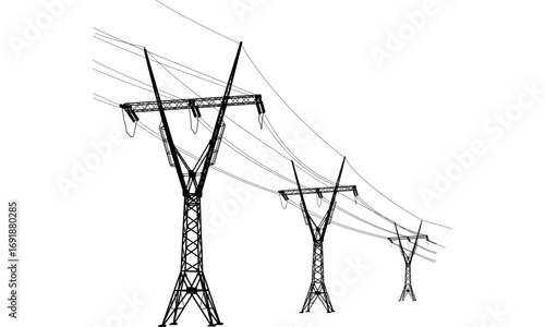 A technical line drawing of high-voltage electricity transmission towers and power lines.