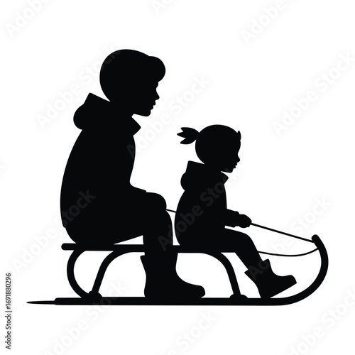 Black silhouette of two children riding a sled down a hill kids sledding