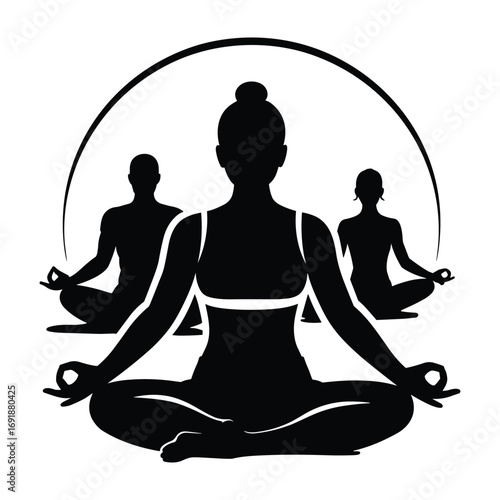Black silhouettes of diverse people meditating in lotus pose under a curved arch yoga meditation