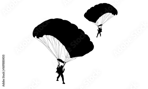 Two skydivers descend from the sky with parachutes open, silhouetted against a white background.