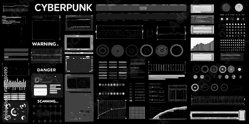 Cyberpunk futuristic digital interface with data visualizations and warning messages on a dark background