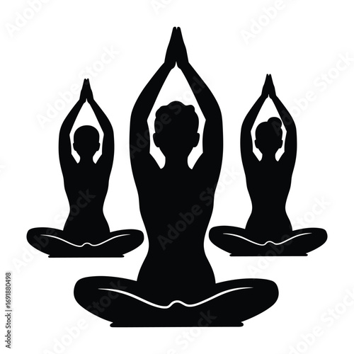 Black silhouettes of three people meditating in a lotus pose with hands raised in prayer yoga meditation