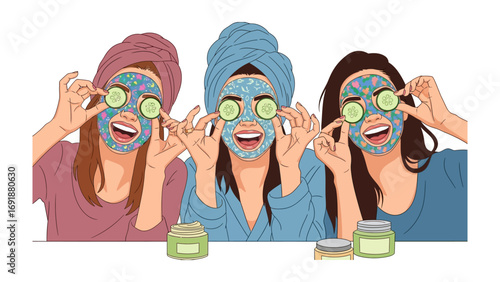 Three happy women with face masks and cucumber slices on their eyes enjoying a spa day at home with skincare products and towels on their heads