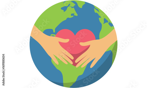 Hands embracing a pink heart over a green and blue globe, symbolizing global love, care, and environmental protection.