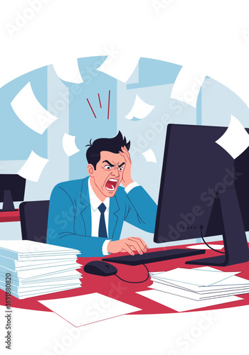 Overwhelmed businessman shouting at computer surrounded by flying papers and stacks of documents