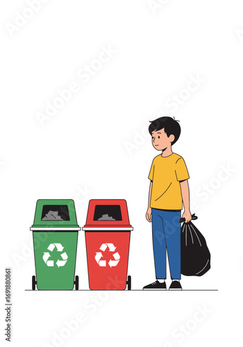 Young boy responsibly disposes of trash bag next to colorful recycling bins, promoting eco-consciousness.