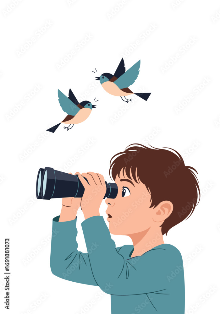 Naklejka premium Curious boy discovers birds in flight using binoculars, sparking wonder and exploration in nature