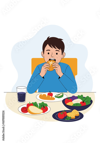 Joyful boy eagerly devouring a delicious sandwich amidst a vibrant spread of healthy food