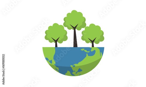 Illustration depicting a half-globe with green continents, blue oceans, and three stylized green trees representing environmental protection.
