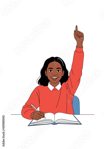 Eager young student raising hand ready to answer question while writing notes in classroom
